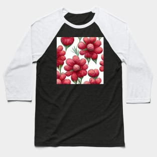 Puffy red and pink 3D flowers in a pattern with green stems on a white background. Baseball T-Shirt